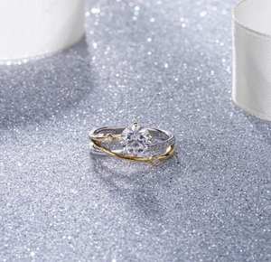Anillo Halo con Banda Curva de Diamantes Moissanite Redondos para Mujer, Plata 925 Original con Baño de Oro, Joyería para Regalo de Novia o Fiestas - Product Image 1
