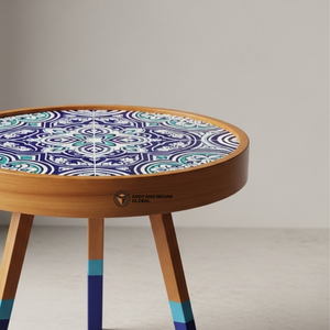 Tabouret en bois bleu géométrique design – Tabouret d'appoint trépied contemporain, siège rond en bois pour salon - Product Image 3