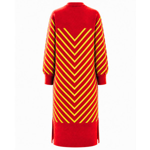 <b>Women</b> Long <b>Red</b> Knitted <b>Cardigan</b> With Yellow Stripes Open Front Casual Winter Wear 100% Acrylic Anti-Pilling Full Sleeve - Product Image 2