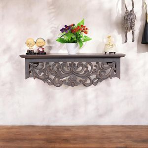 Estante de Madera para Montar en la Pared, Color Gris Envejecido, 60 x 20 x 19 CM, Paquete de Uno, Estilo Rústico Francés, Elegante Diseño Floral Hecho a Mano - Product Image 1