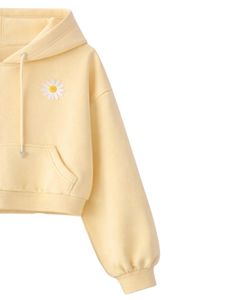 Conjunto de Sudadera Corta y Pantalones Cortos para Mujer, Color Amarillo Mantequilla, con Bordado de Margaritas y Dobladillo con Volantes, Estilo Casual de Dos Piezas, Algodón y Felpa, Venta al Por Mayor - Product Image 2