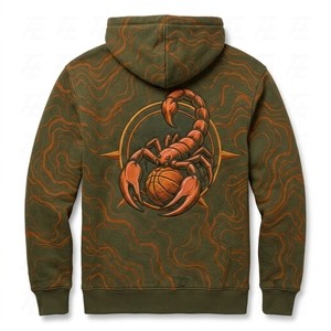 Sweat-shirt à capuche vert olive pour homme avec logo Scorpion Basketball, imprimé vague, poche kangourou et cordon de serrage - Product Image 2