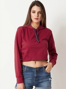 Hoodie court pour femme, couleur bordeaux, manches longues, couleur unie, tricoté, vêtement décontracté, 100% coton, style été - Product Image 2