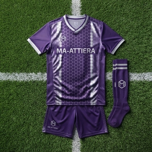 Ensemble de maillots de football personnalisés violets, imprimé nid d'abeille, uniforme d'équipe, manches courtes, shorts assortis, OEM ODM, vente en gros, professionnel - Product Image 6