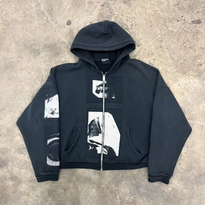 Sweat-shirt à capuche zippé noir surdimensionné pour homme avec imprimé graphique, style streetwear, en coton tricoté - Product Image 1