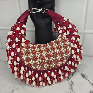 Embroidery Beaded Pearl Decorated Half Moon Clutch Bag Women Bridal Wedding Handmade Ethnic Designer Evening Party Handbag - Product Image 1