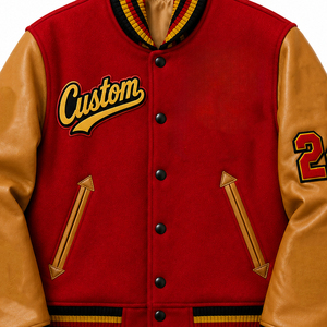 Unisex <b>Red</b> Letterman Varsity Jacket Tan Faux Leather Sleeves Chenille Patch Number 24 Snap Button College Bomber Outerwear SHH - Product Image 3