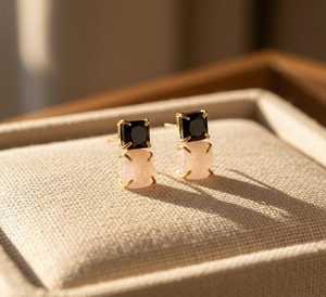 925 Sterling <b>Silver</b> 14K Gold Plated Natural Rose Quartz Black Onyx Cute <b>Stud</b> Earrings for Anniversary & Party Gift - Product Image 1