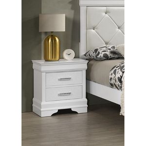 Comodino in Legno Massello Stile Moderno Glamour con Due Cassetti e Finitura Trapuntata con Cristalli, Bianco, Arredamento Camera da Letto - Product Image 2
