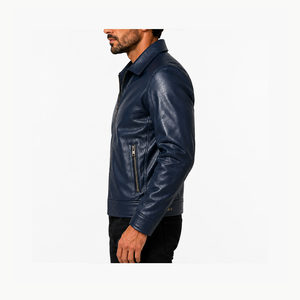 Veste moto en cuir véritable bleu pour homme avec fermeture éclair, col rabattable, coupe ajustée, vêtements d'hiver - Product Image 3