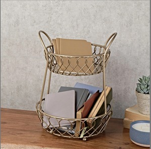Two Tier Metal Basket For Fruits <b>Vegetables</b> <b>Storage</b> Kitchen Counter Organizer Modern Home Use Durable Steel Stand From India - Product Image 6