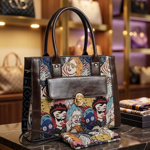 กระเป๋าโท้ทลายหน้าคนแบบนามธรรมสำหรับผู้หญิง กระเป๋าถือทอผ้าแจ็คการ์ดตกแต่งด้วยหนัง PU พร้อมตัวล็อคโลหะ - Product Image 1