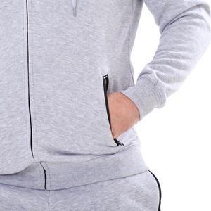 Men's Gray Full-<b>Zip</b> <b>Hooded</b> Tracksuit Set Solid Color Cotton Casual Jogging Suit With Side Pockets Autumn Wear - Product Image 3