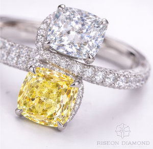 18K White Gold Toi et Moi Engagement Ring Fancy Yellow and White Cushion Cut Diamond Luxury Crossover Statement Band - Product Image 5