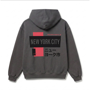 เสื้อฮู้ดพิมพ์ลายกราฟิกนิวยอร์กสีเทาสำหรับผู้ชาย ดีไซน์ลายด้านหลัง ผ้าฝ้าย 350GSM ทรงโอเวอร์ไซส์ สตรีทแวร์ ขายส่ง - Product Image 1