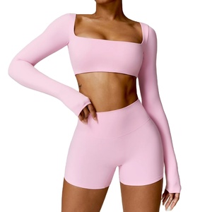 Women's Fitness Yoga Set Long Sleeve Gym Sports Suit with Bra Crop Top and <b>Leggings</b> Workout Athletic Wear - Product Image 1