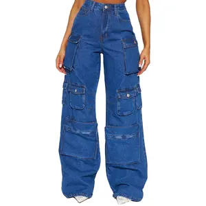 Celana Baggy wanita kustom 2024 jins Denim saku modis pinggang tinggi celana Jeans kargo wanita ukuran besar harga grosir