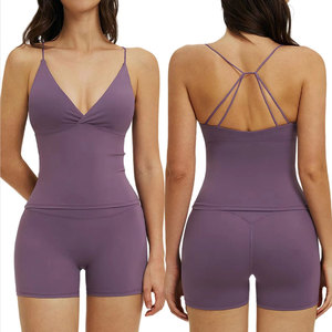 High Waist Solid Color Yoga Shorts Seamless Spandex Nylon Four-Way Stretch Full Length Women's Workout Wear 2-Piece Set - Product Image 6
