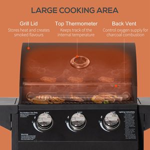 Griglia a Gas Portatile Nera da Esterno a 3 Bruciatori con Ripiani Scaldavivande, Termometro e Ruote - per Alimenti Affumicati, Barbecue e Pizza - Product Image 5