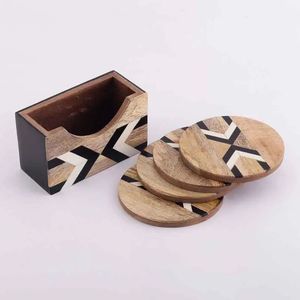 Wooden Round <b>Coasters</b> <b>Set</b> With Geometric Pattern Bohemian Design Non-Slip Mats For Table Decor - Product Image 3