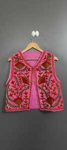 <b>Women's</b> <b>Pink</b> Embroidered Floral V-neck Vest Bohemian Style Handmade Eco-friendly Vintage Winter <b>Waistcoat</b> Outerwear - Product Image 1