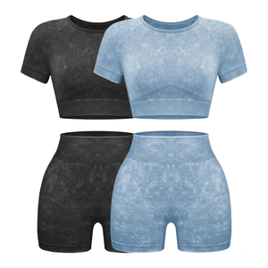 Conjunto de yoga de 2 piezas sin costuras para mujer al por mayor: Top corto de manga corta con lavado ácido y shorts de ciclista de cintura alta para gimnasio y entrenamiento. - Product Image 2
