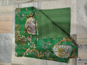 Green Floral Printed Cotton Blanket Reversible Kantha Quilt Women's Home Decor <b>Bedspread</b> Adult Size - Product Image 3