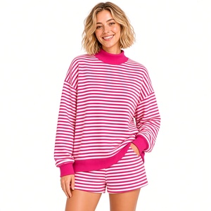 Ensemble deux pièces rayé en tricot : pull à col roulé et short décontracté coupe ample, idéal printemps-été, 100 % coton respirant - Product Image 5