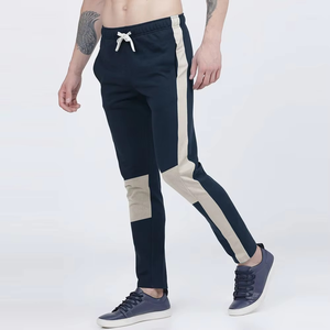 Pantalon de jogging décontracté pour homme, bleu marine et beige, à blocs de couleur, taille élastique avec cordon de serrage, bande latérale, en tissu tricoté, idéal pour l'automne - Product Image 2