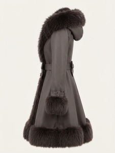 Women Fur Collar <b>Leather</b> Look Winter <b>Coat</b> Belted Long Jacket Rabbit Fur Trimmed Overcoat - Product Image 3