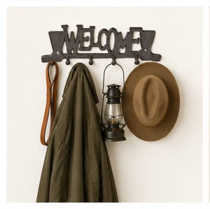 Vintage Cast Iron Welcome Wall <b>Hooks</b> Rustic Farmhouse Key Holder With 4 Decorative Boot <b>Hooks</b> For Entryway Mudroom Home Decor - Product Image 2