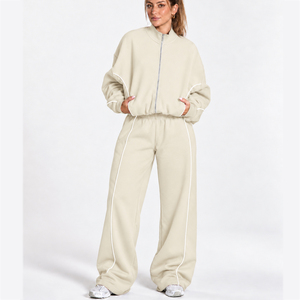 OEM <b>Women</b> Contrastline Zip Up Tracksuit Two Piece Casual Set Relaxed <b>Jacket</b> Wide Leg Pants Coordinated Outfit Wholesale Clothing - Product Image 1