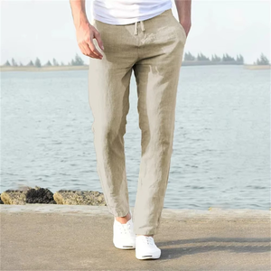 Pantalon homme en coton et lin, nouvelle collection automne, respirant, couleur unie, style streetwear fitness, taille mi-haute, devant plat et fermeture à cordon. - Product Image 3
