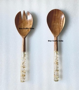 Hot Selling Eco-Friendly Natural Wood <b>Salad</b> Server Set Resin Handle Dishwasher Safe for American Style <b>Salad</b> <b>Tools</b> Supermarkets - Product Image 1
