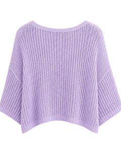 Pull court en tricot ample pour femme, couleur lavande, manches courtes, léger et respirant, idéal pour l'été, style décontracté et tendance - Product Image 2