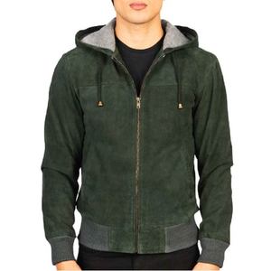 Veste à capuche en cuir de mouton véritable pour hommes et femmes, vêtement d'extérieur vert avec fermeture éclair, poignets en tricot côtelé, teinture unie - Fournisseur OEM 2026 - Product Image 4