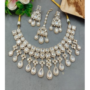 Radiant Classic Traditional Gold Plated Brass Moissanite Sparkling <b>Pearl</b> <b>Necklace</b> <b>Earring</b> Tikka <b>Set</b> Women's Wedding Gift Parties - Product Image 2