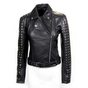 Women Studded Leather <b>Jacket</b> Black Biker Motorcycle <b>Punk</b> Style Genuine Leather OEM Custom Wholesale Supplier Women Stud Leather - Product Image 4