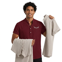 Chemise à manches courtes en lin et coton pour homme, col en V, logo brodé, coupe décontractée, respirante, couleur unie