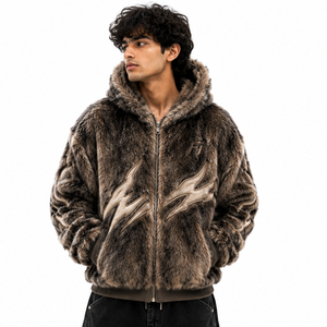 Fournisseur de sweats à capuche en molleton de coton marron pour homme, style streetwear, avec fermeture éclair texturée personnalisée, capuche à bordure brodée en fourrure et motif flamme, pour l'hiver - Product Image 3