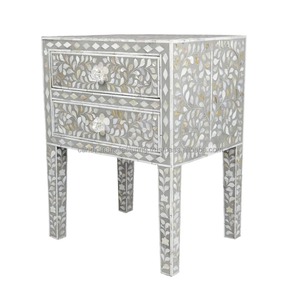 Mueble de Dormitorio con Cajón de Almacenamiento y Acentos Florales de Concha y Mosaico Contemporáneo de Hueso Natural - Product Image 3