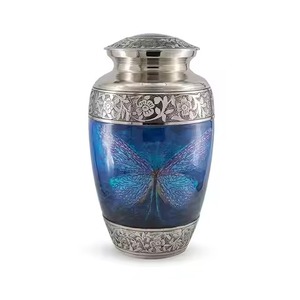 Urna Funeraria de Metal Azul con Grabado de Diseño Floral Plateado y Libélula, Urna Conmemorativa Ecológica y Duradera - Product Image 1