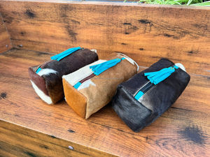 New Western Genuine Hair on Cowhide Leather Turquoise Tassel Toiletry Bag Stylish Cosmetic & <b>Makeup</b> <b>Storage</b> Travel Organizer Box - Product Image 5