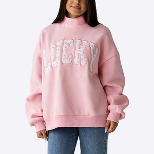 Sudadera Larga Oversize Casual de Invierno para Mujer, con Logotipo Personalizado, Bordado a Cuadros, Cuello Alto, Mezcla de Algodón Grueso, Venta al por Mayor - Product Image 4