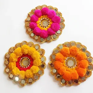 Handmade Round Tea Light Holder with Colorful Pom Pom <b>Flowers</b> and <b>Mirror</b> Accents for Home Decoration - Product Image 5