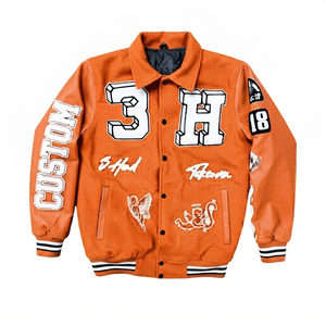 Veste de course personnalisée en laine orange avec manches en laine, patchs brodés, style Letterman universitaire, streetwear, imperméable - Product Image 1