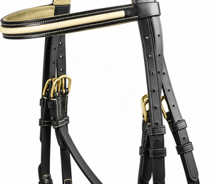 Bridon de cheval en cuir noir de qualité supérieure avec accents rembourrés crème, surpiqûres blanches élégantes et boucles dorées pour l'équitation - Product Image 2