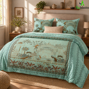 Ensemble de draps en coton vert marine pour lit king size avec taies d'oreiller | Couvre-lit imprimé Peacock Garden Arch Panel, literie douce et de qualité supérieure - Product Image 6