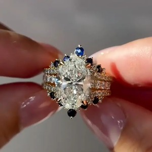 Elegant Oval Cut Engagement <b>Ring</b> Sterling Silver Gold Plated 4 Prong Full Eternity Blue White Stone Wedding Band Diamond - Product Image 2