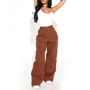 Pantalones Cargo de Cintura Alta para Mujer, Color Sólido, Estilo Casual, Largos, con Bolsillos, Cierre de Botones, Corte Holgado, Fabricante OEM - Product Image 1